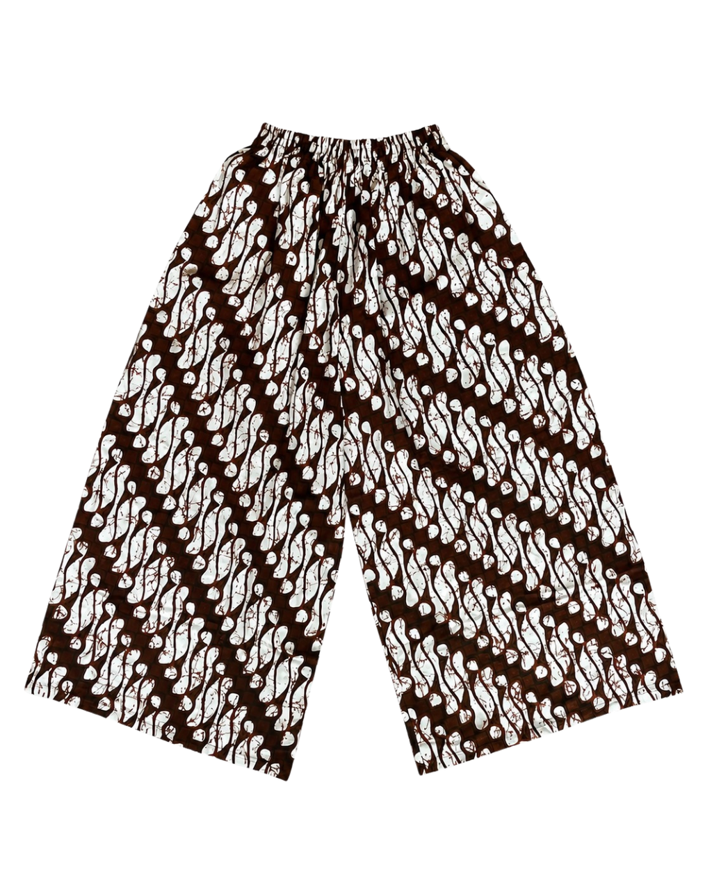 A pair of wide-leg cropped pants featuring a brown and white batik-style diagonal pattern, displayed flat against a solid white background.