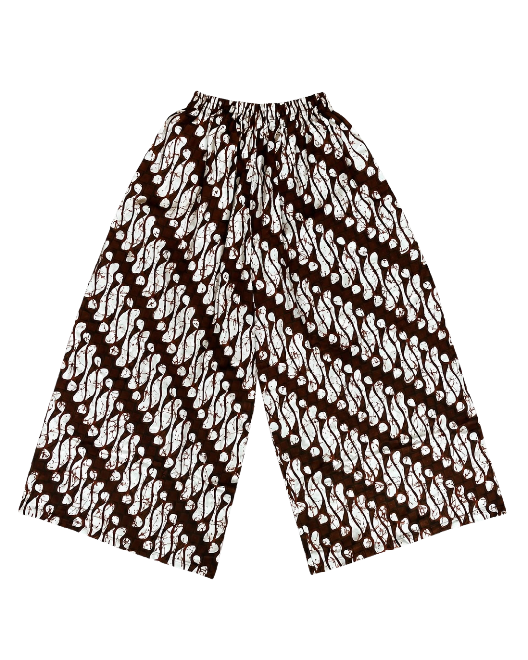 A pair of wide-leg cropped pants featuring a brown and white batik-style diagonal pattern, displayed flat against a solid white background.