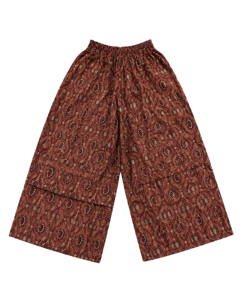 A pair of wide-leg cropped pants featuring an all-over brown and red paisley pattern, displayed flat against a solid white background.