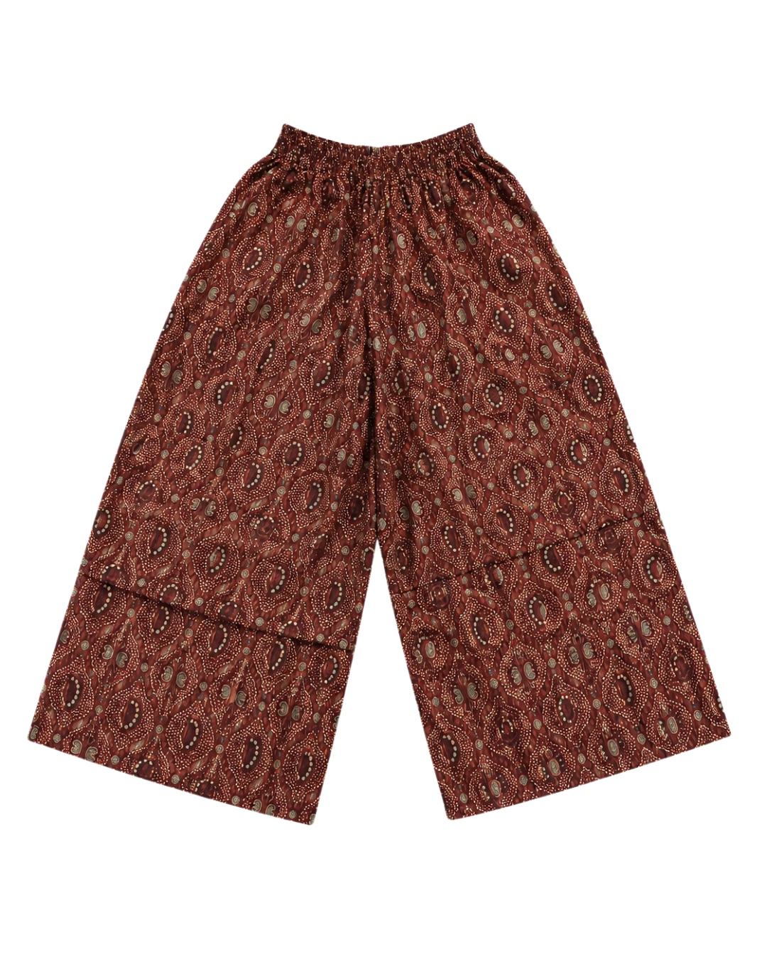 A pair of wide-leg cropped pants featuring an all-over brown and red paisley pattern, displayed flat against a solid white background.