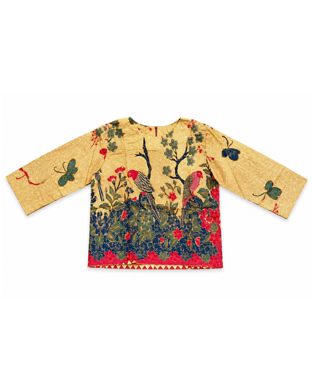 A long-sleeve embroidered top in beige fabric featuring a detailed multicolor print of birds, butterflies, and foliage on the front and sleeves, finished with a red hem.