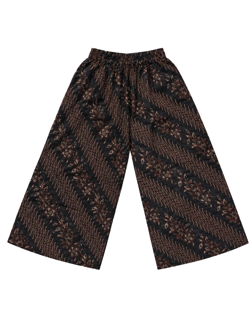 A pair of wide-leg cropped pants featuring a dark brown and black diagonal striped pattern with small floral motifs, displayed flat against a solid white background.