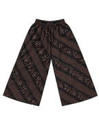 A pair of wide-leg cropped pants featuring a dark brown and black diagonal striped pattern with small floral motifs, displayed flat against a solid white background.