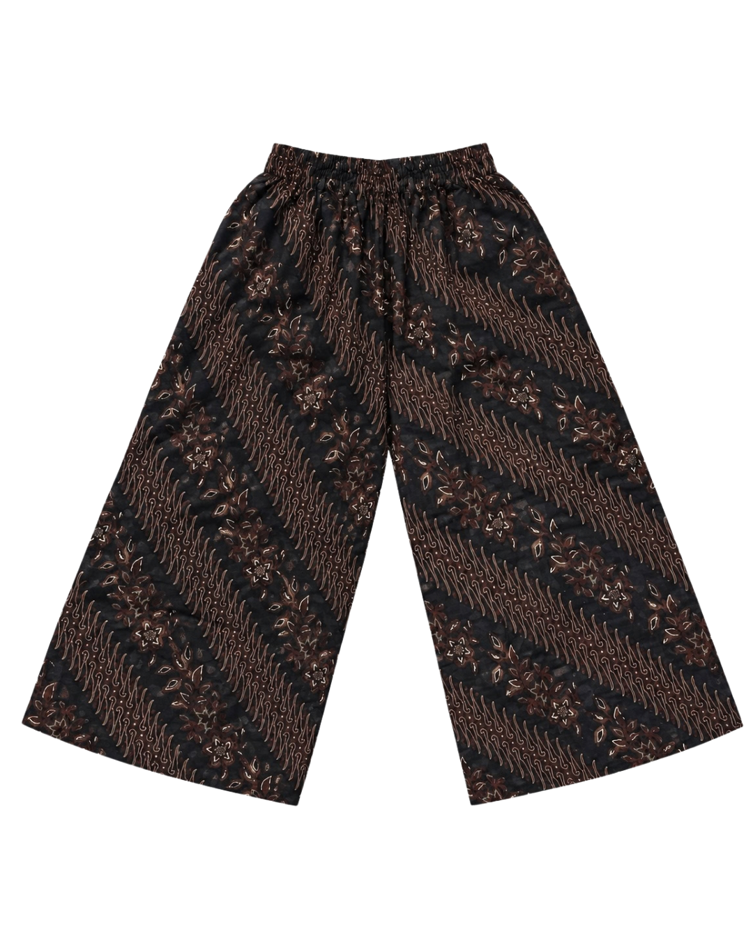 A pair of wide-leg cropped pants featuring a dark brown and black diagonal striped pattern with small floral motifs, displayed flat against a solid white background.