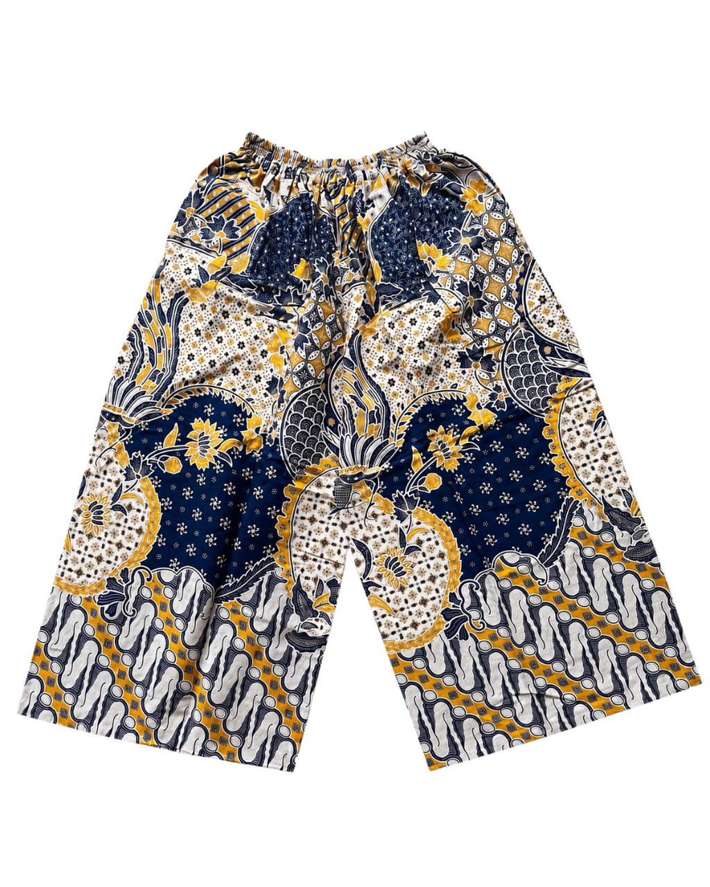 A pair of wide-leg shorts featuring a vibrant batik-style pattern in navy blue, yellow, and cream, displayed flat against a solid white background.