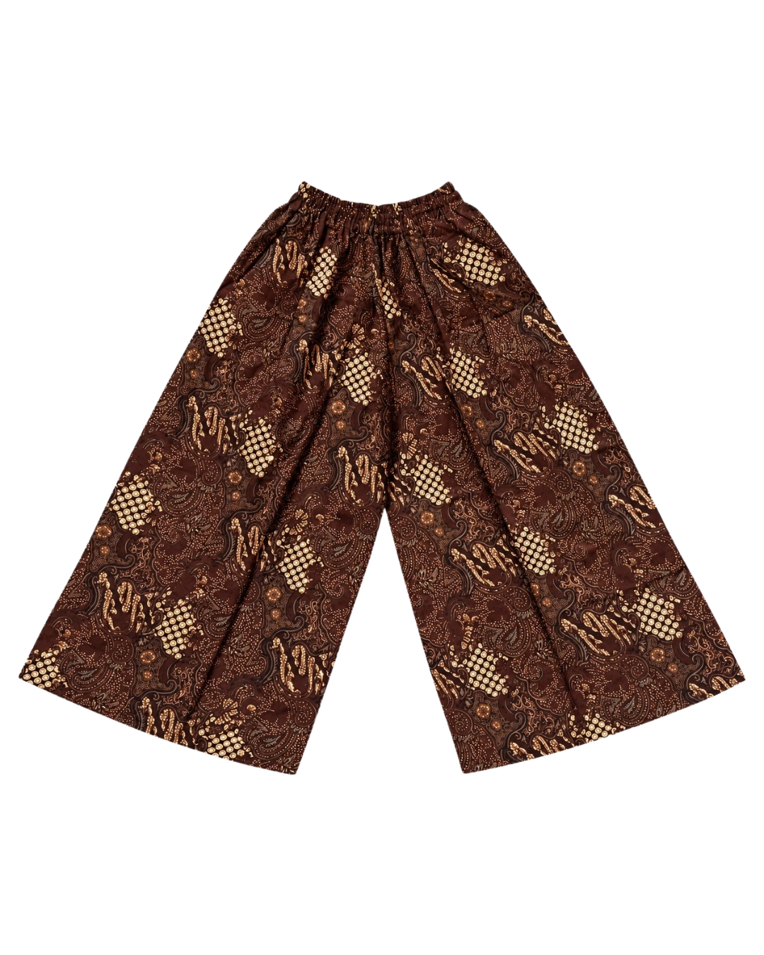 A pair of wide-leg pants featuring a brown and beige batik-style pattern with geometric and floral motifs, displayed flat against a solid white background.