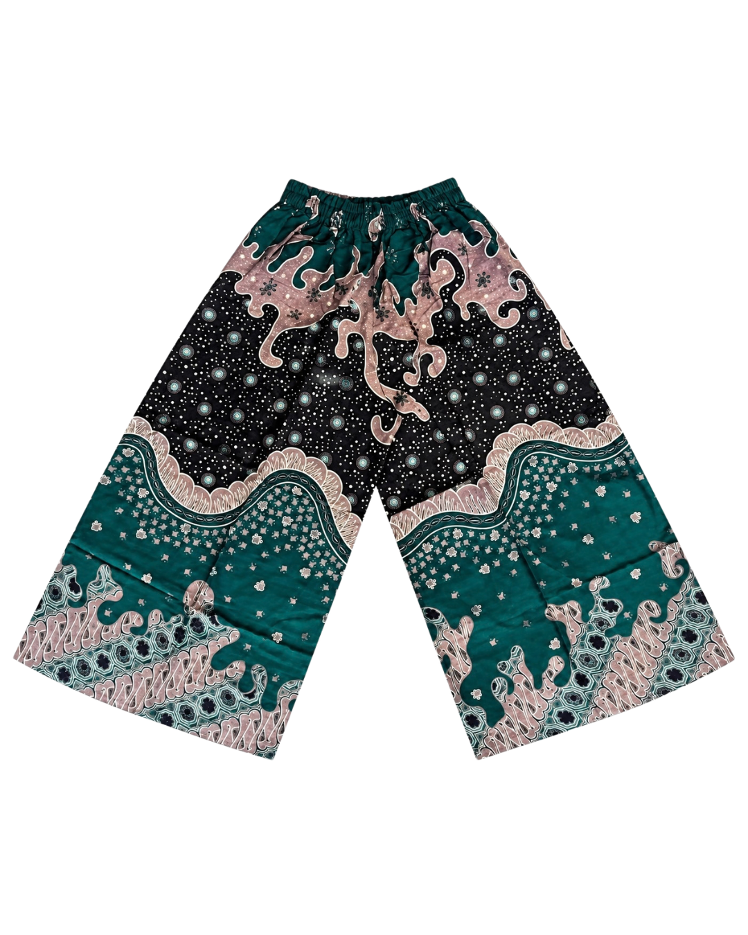 A pair of wide-leg, cropped pants featuring a complex, multi-patterned design. The upper portion is black with a starry pattern and pink dragon motifs, while the lower portion and cuffs transition into a teal and pink wave-like pattern with small white hearts.