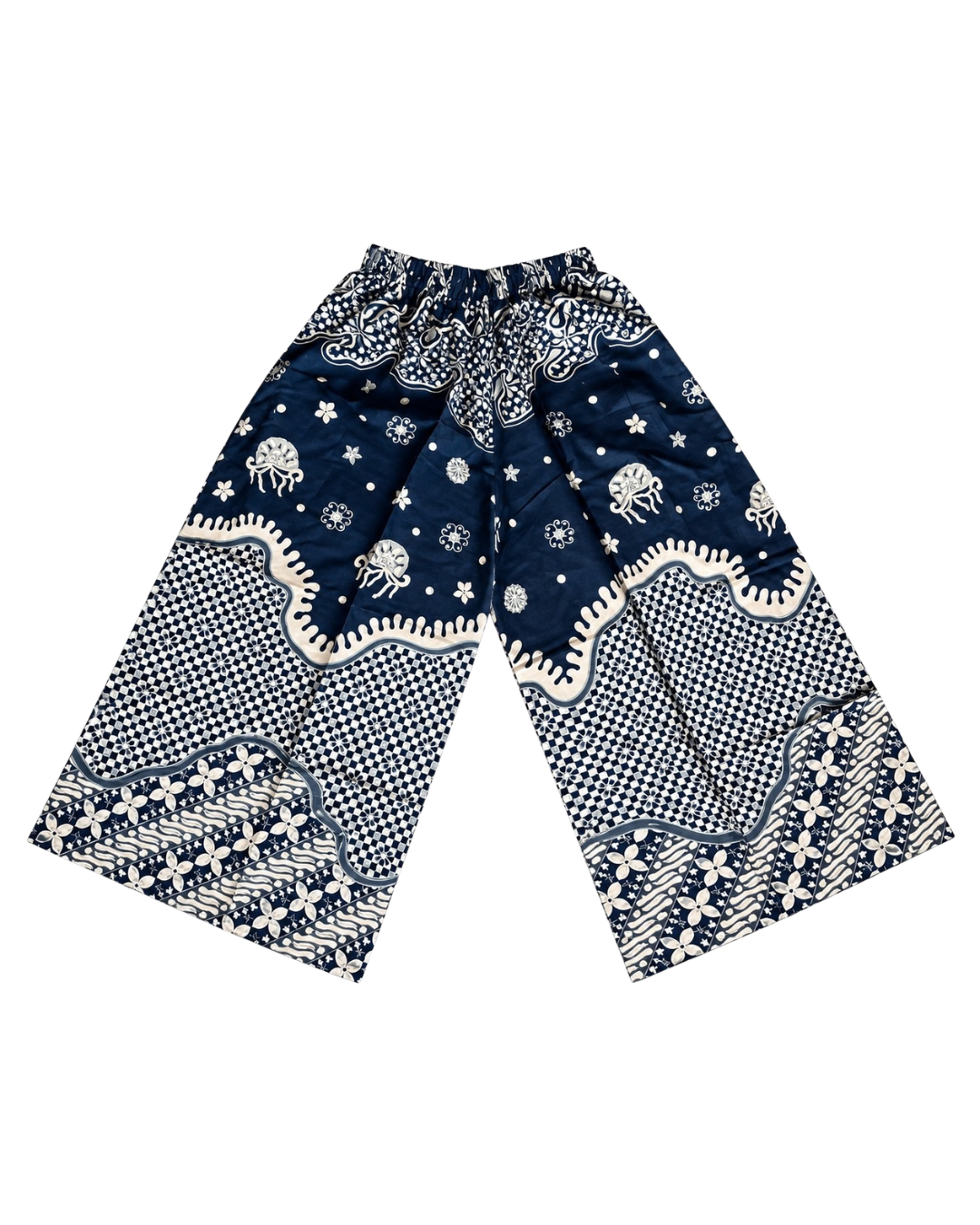 A pair of wide-leg pants featuring a navy blue and white bandana print with octopus motifs and geometric patterns, displayed flat against a white background.