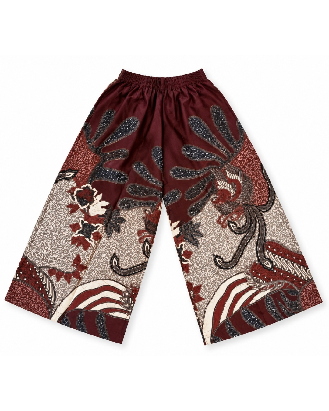 A pair of wide-leg cropped pants featuring a complex batik-style pattern in deep burgundy, beige, and dark gray, displayed flat against a solid white background.