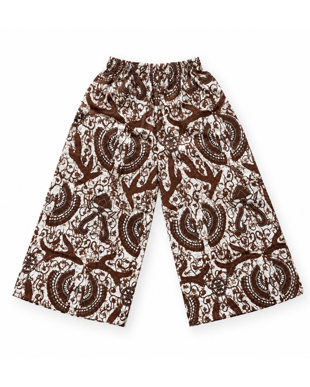 A pair of wide-leg cropped pants featuring an intricate brown and white paisley and floral pattern, laid flat against a solid white background.