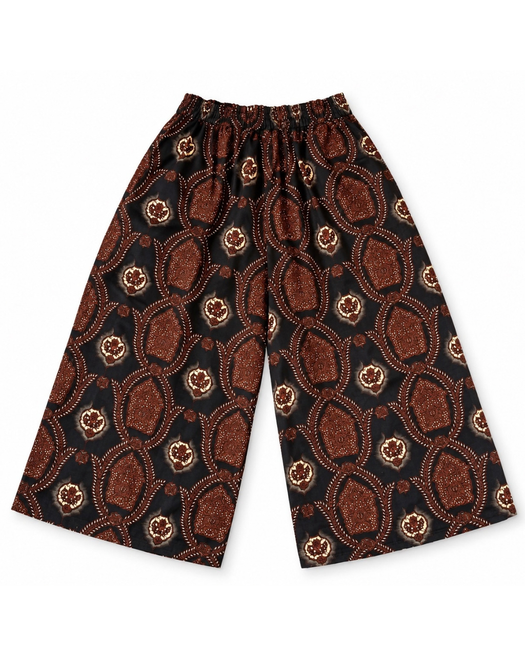 A pair of wide-leg cropped pants with an elastic waistband, featuring a brown and beige paisley pattern on a black background, laid flat against a white background.