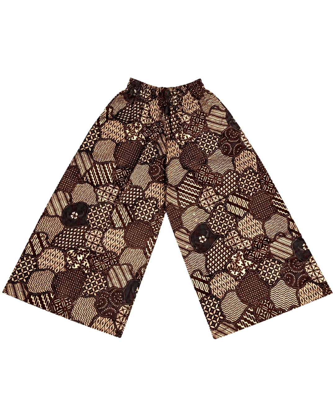 A pair of wide-leg cropped pants featuring a brown and beige batik patchwork pattern with a drawstring waist, displayed flat against a white background.