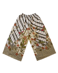 A pair of wide-leg cropped pants featuring a complex batik-style print with black and white stripes, floral motifs, and birds in earthy tones of brown, green, and red on a cream background.