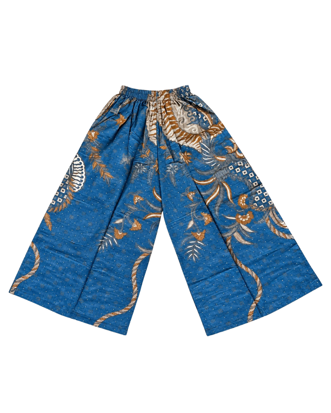 Blue wide-leg pants with a batik-style tiger and floral pattern, featuring an elastic waistband, laid flat on a white background.