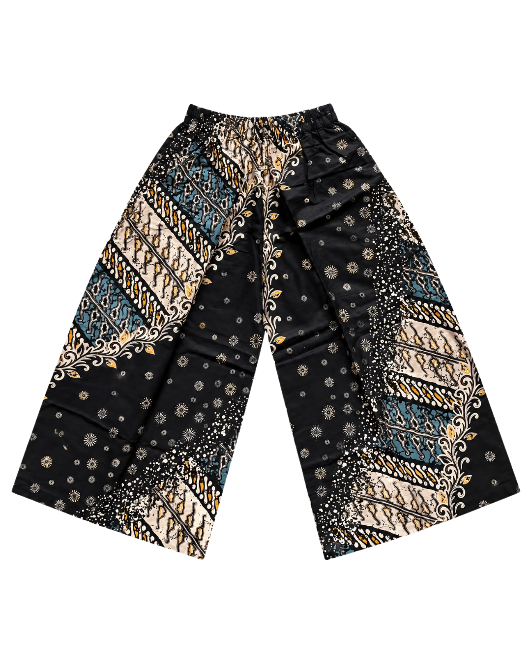 A pair of wide-leg cropped pants featuring a black base with intricate tribal and geometric patterns in beige, blue, and white, laid flat against a white background.