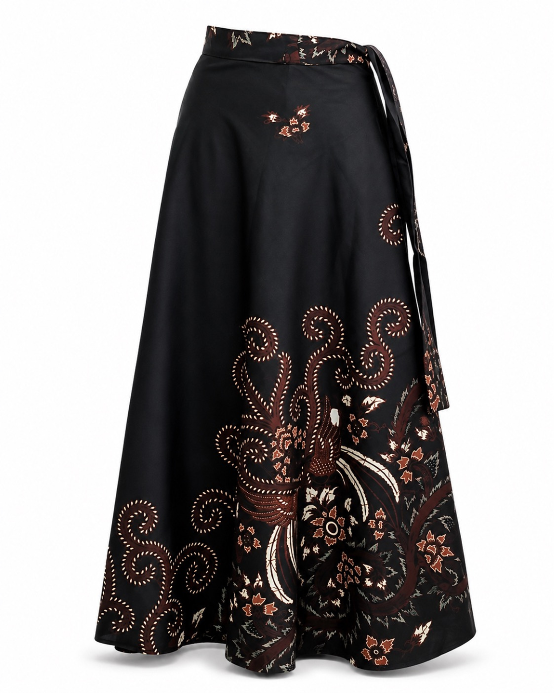 A black wrap-style midi skirt with intricate brown, beige, and white floral and paisley embroidery, shown against a plain white background.