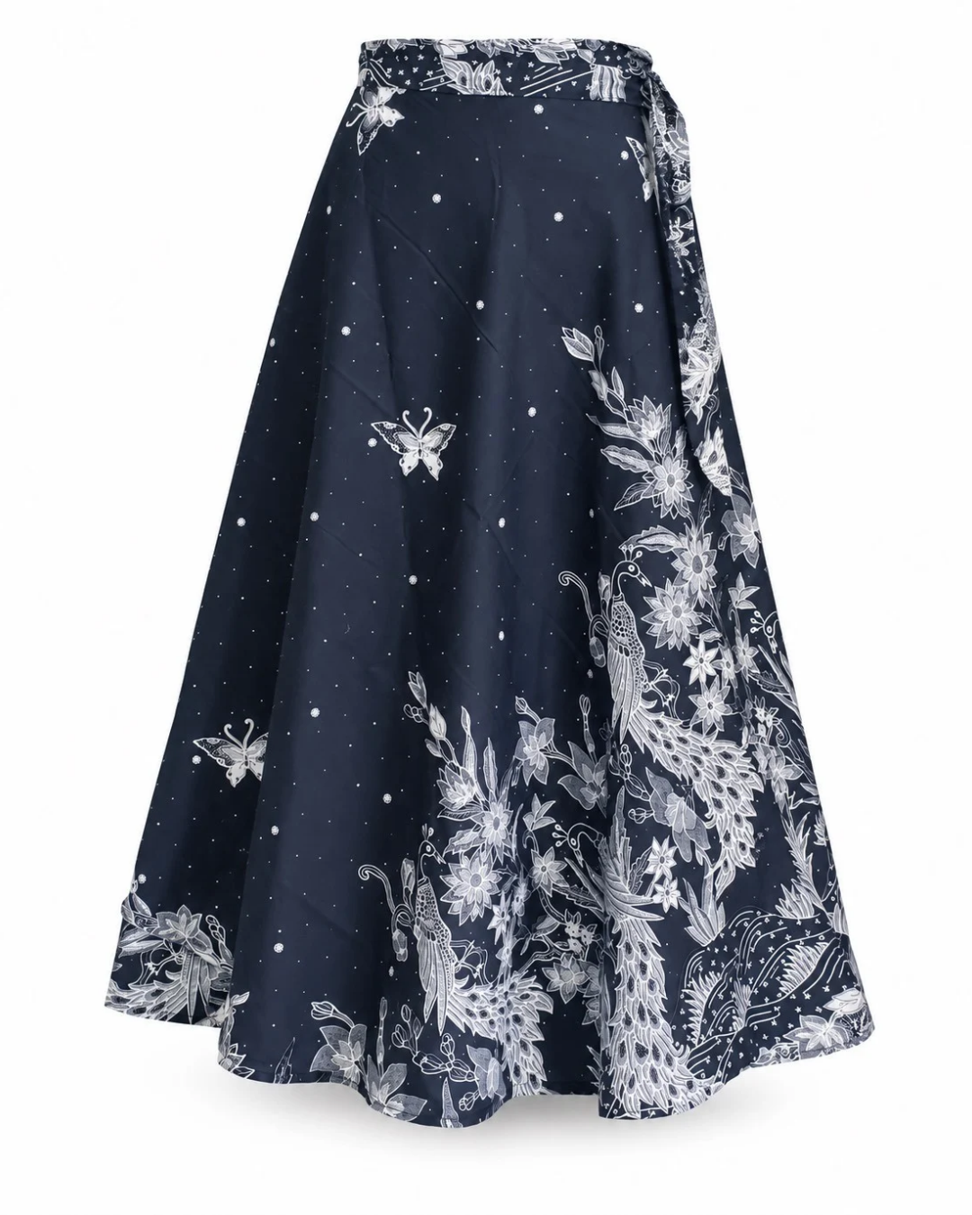 A navy blue A-line midi skirt featuring a white toile-style print of butterflies, floral motifs, and small stars, shown against a plain white background.