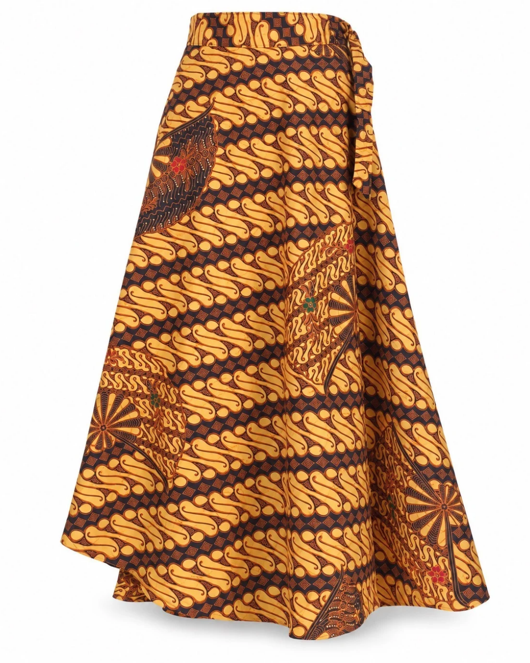 A high-waisted, asymmetrical wrap skirt featuring a vibrant orange and brown African wax print pattern with abstract wave and floral motifs, shown against a plain white background.