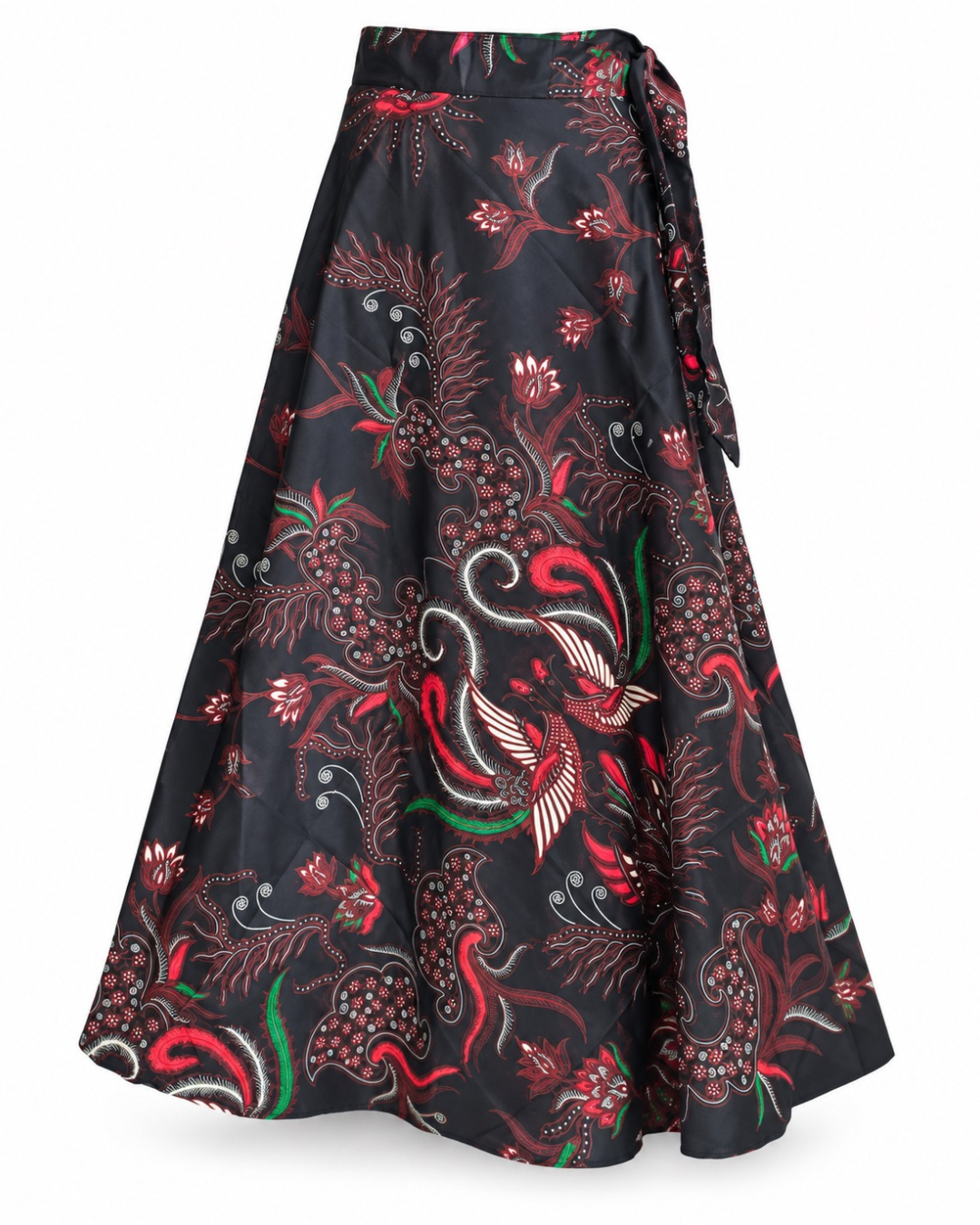 A black satin midi skirt featuring a vibrant red, green, and white embroidered phoenix and floral pattern, with a side tie detail.