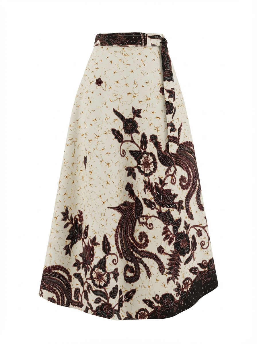 Long skirt with intricate brown floral patterns on a white background