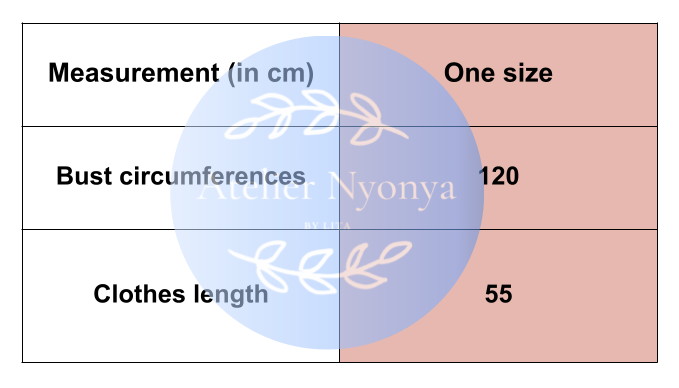 Measurement chart for 'Nyonya' clothing with bust circumference and clothes length details.