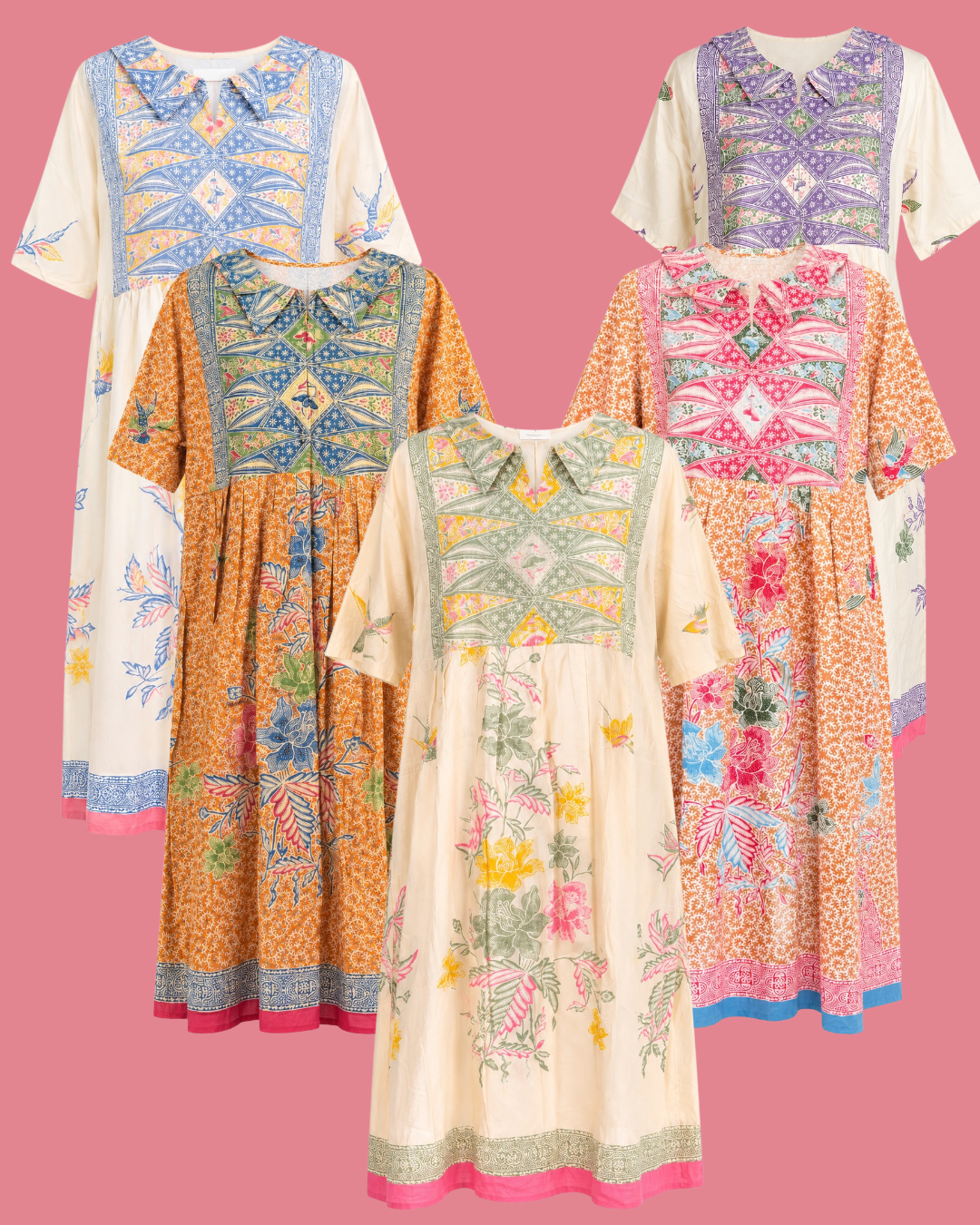 Five short-sleeve collared dresses with colorful embroidered and printed bodices and floral patterns, arranged together on a solid pink background.