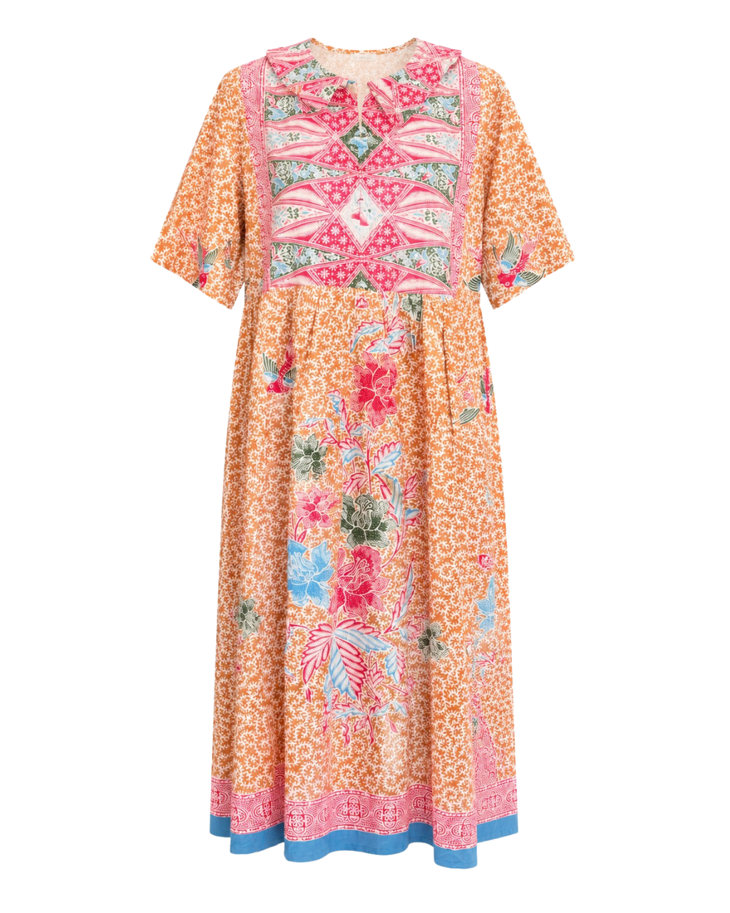 A short-sleeved midi dress with a vibrant orange and pink patterned print, featuring a floral design on the lower half and a geometric embroidered-style yoke on the upper half, finished with a blue hem.