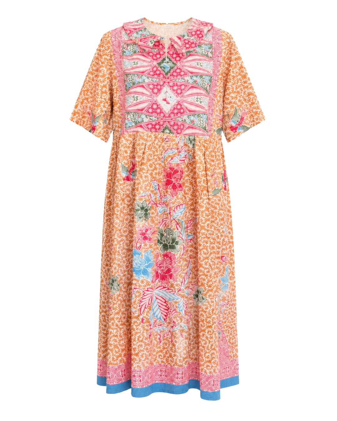 A short-sleeved midi dress with a vibrant orange and pink patterned print, featuring a floral design on the lower half and a geometric embroidered-style yoke on the upper half, finished with a blue hem.