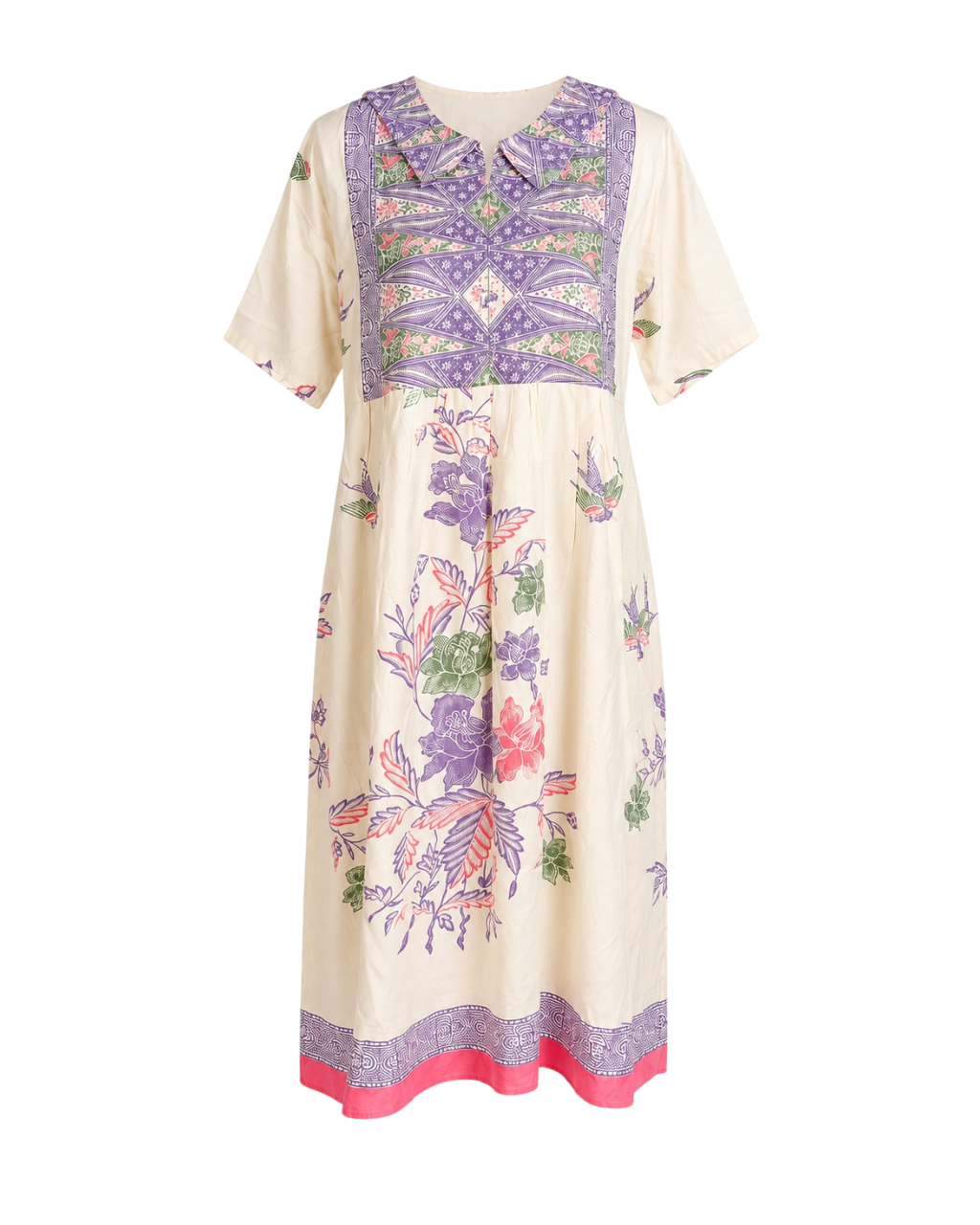 A short-sleeved midi dress with a cream base and a colorful botanical and geometric print in purple, pink, and green, featuring a decorative yoke and a pink hem.
