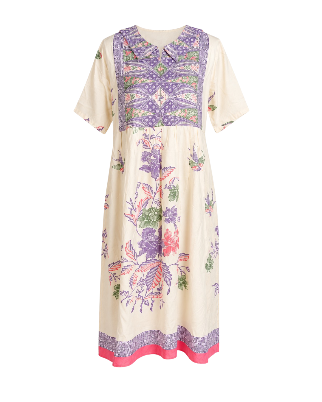 A short-sleeved midi dress with a cream base and a colorful botanical and geometric print in purple, pink, and green, featuring a decorative yoke and a pink hem.