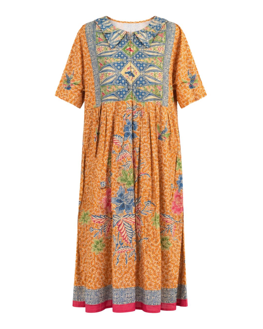 A short-sleeved midi dress with a vibrant orange base, featuring a detailed multicolor floral and geometric print, a Peter Pan collar, and a pink hem, shown against a plain white background.