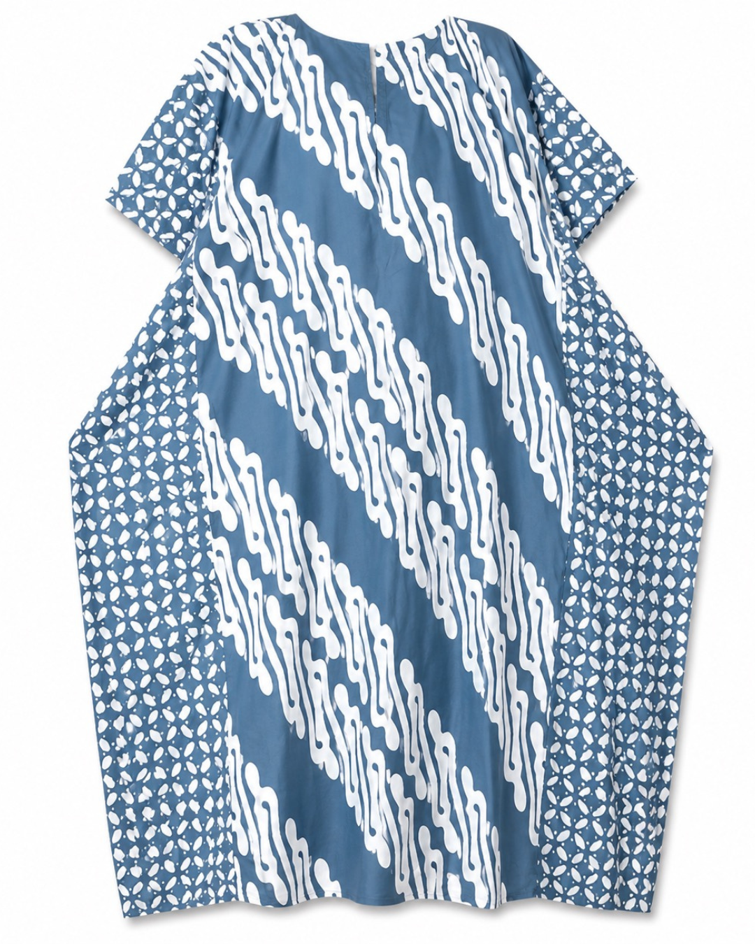A loose-fitting short-sleeve tunic top with a blue and white patterned design, featuring diagonal wavy stripes on the front and geometric prints on the sleeves, shown against a plain white background.