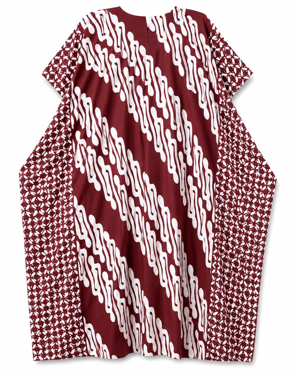 A short-sleeved kaftan-style tunic top featuring a bold diagonal chain-link pattern in white over a deep burgundy base, with geometric houndstooth patterns on the side panels, shown against a plain white background.