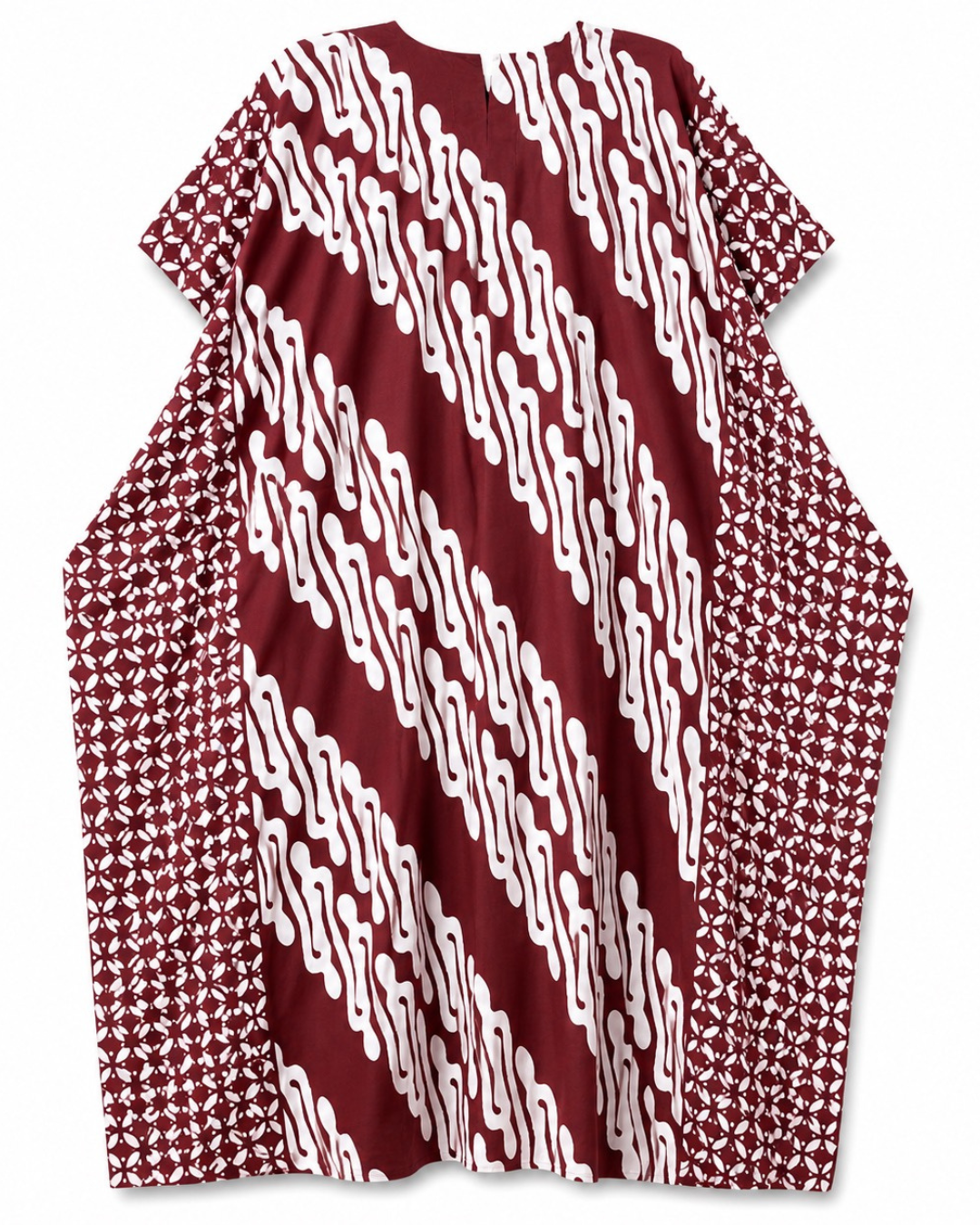 A short-sleeved kaftan-style tunic top featuring a bold diagonal chain-link pattern in white over a deep burgundy base, with geometric houndstooth patterns on the side panels, shown against a plain white background.
