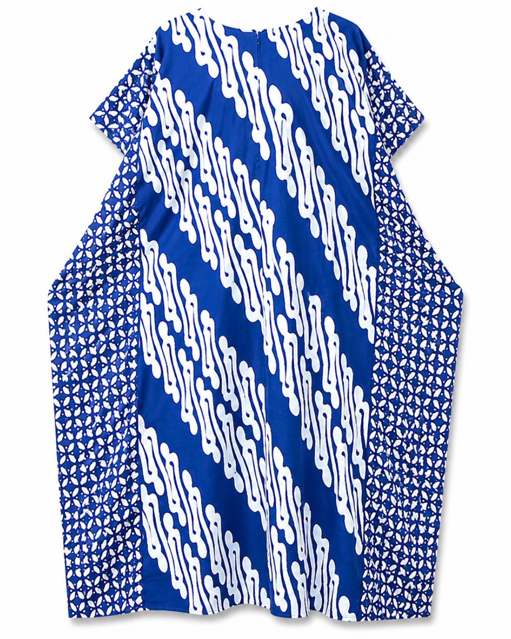 A blue and white patterned kaftan dress with diagonal ikat-style stripes on the front and geometric patterns on the sleeves, shown flat on a white background.