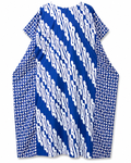 A blue and white patterned kaftan dress with diagonal ikat-style stripes on the front and geometric patterns on the sleeves, shown flat on a white background.