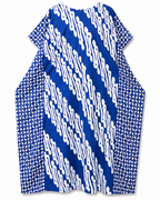 A blue and white patterned kaftan dress with diagonal ikat-style stripes on the front and geometric patterns on the sleeves, shown flat on a white background.