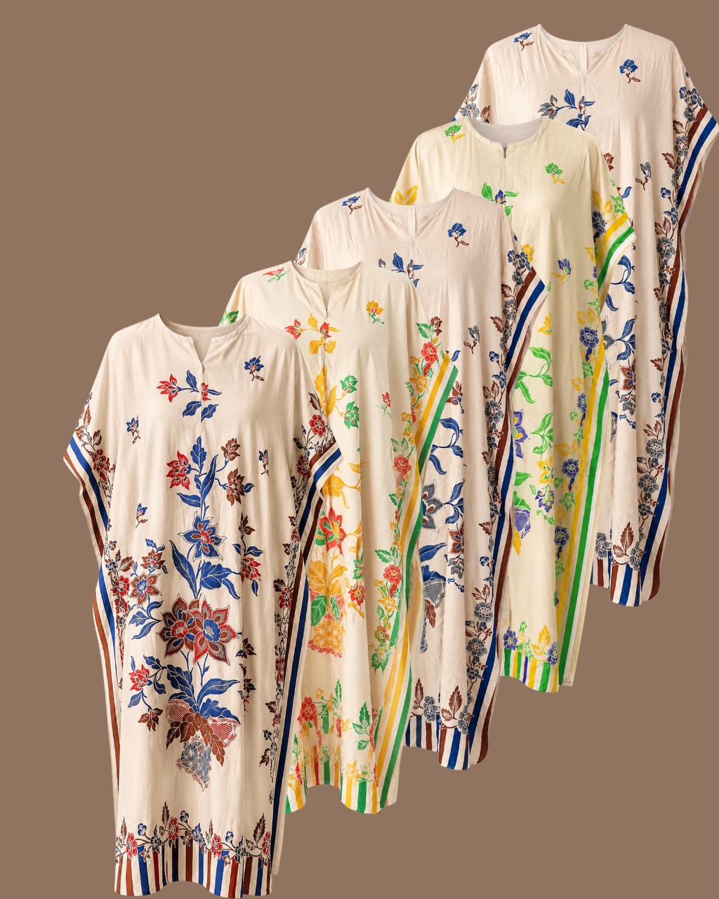 Four cream-colored kaftan dresses with colorful floral and striped patterns, arranged diagonally against a solid brown background.