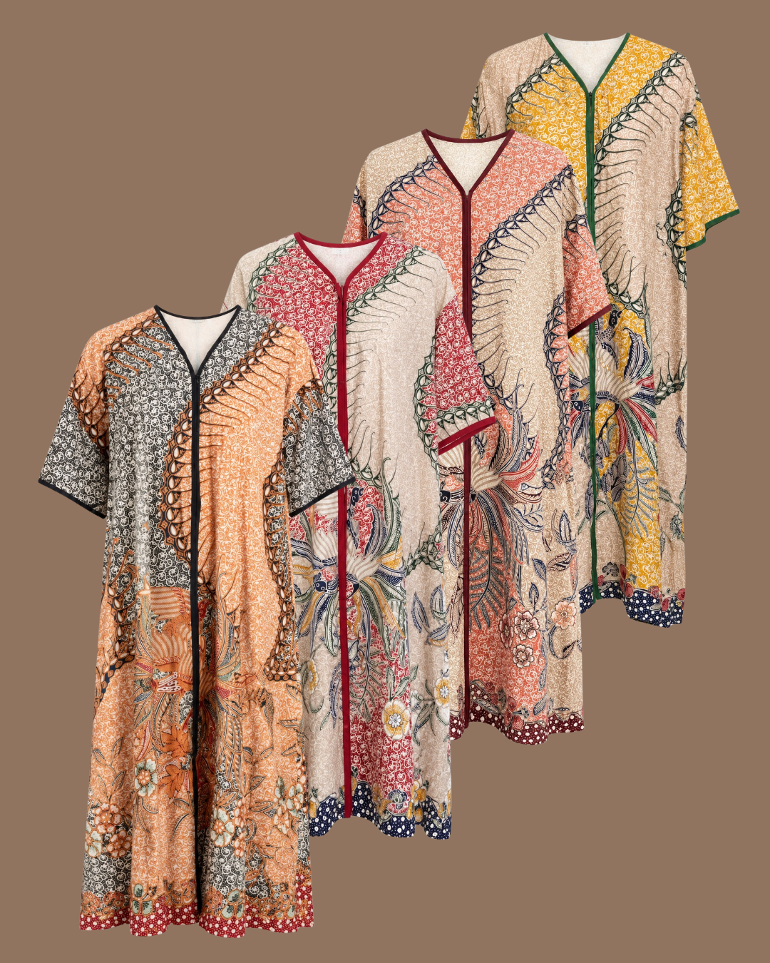 Four short-sleeve kaftan-style cover-ups with intricate floral and bird patterns, displayed in a fan arrangement against a solid brown background.