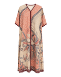 A short-sleeved kaftan dress featuring a detailed botanical and bird pattern in terracotta, beige, and dark red, with a solid dark red trim along the neckline, front opening, and scalloped hem.