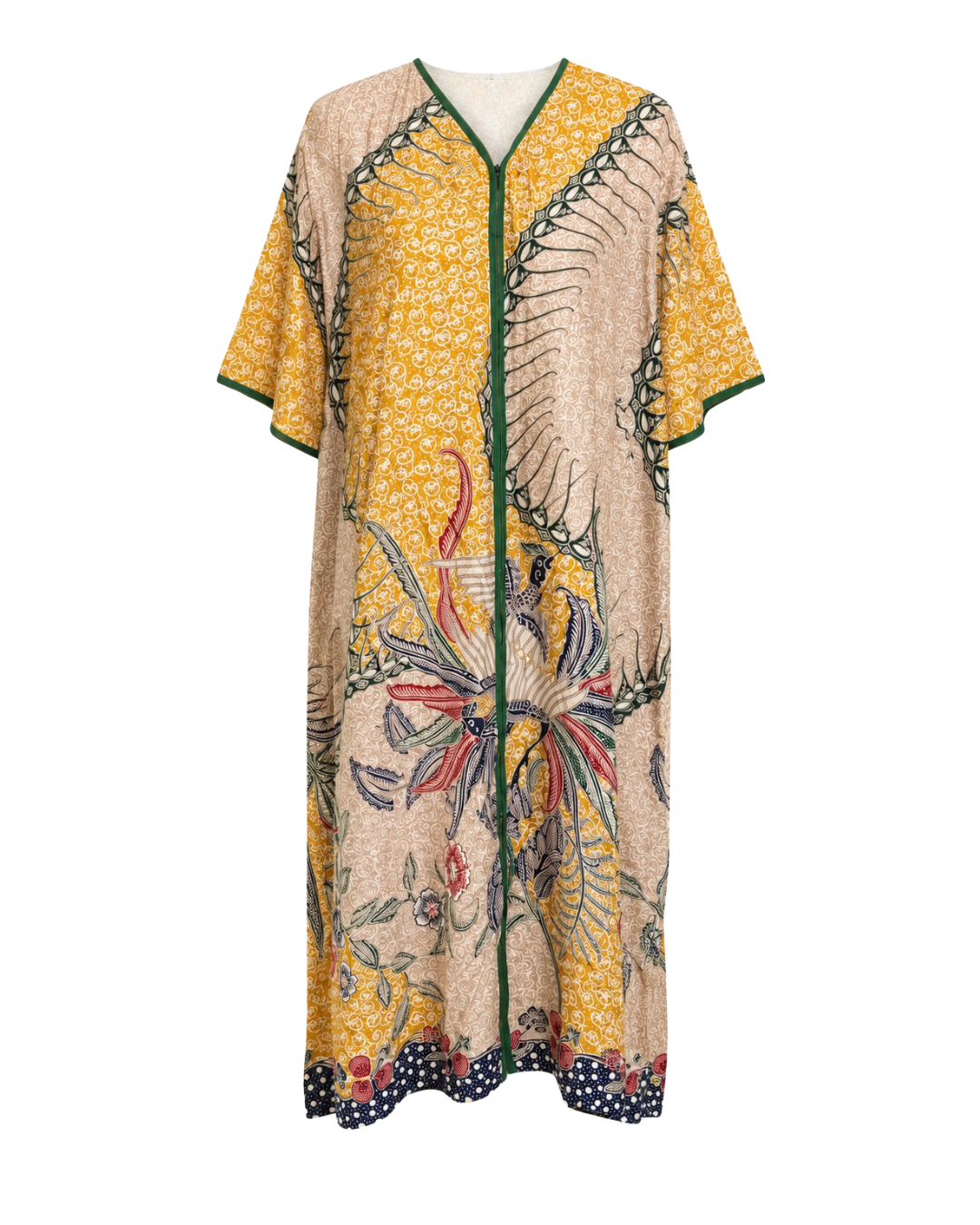 A long kaftan-style cover-up dress featuring a beige and yellow floral pattern with green trim and a colorful bird and floral print, shown against a plain white background.