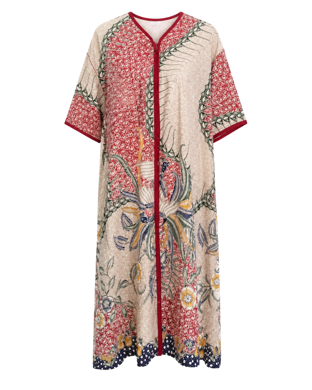 A long kaftan-style cover-up dress with a beige base and a vibrant multicolor floral and botanical print, featuring red trim along the neckline, armholes, and front placket.