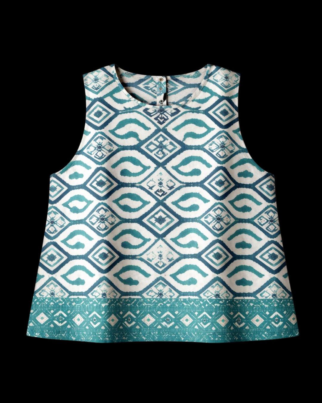 Teal and white patterned dress on a black background
