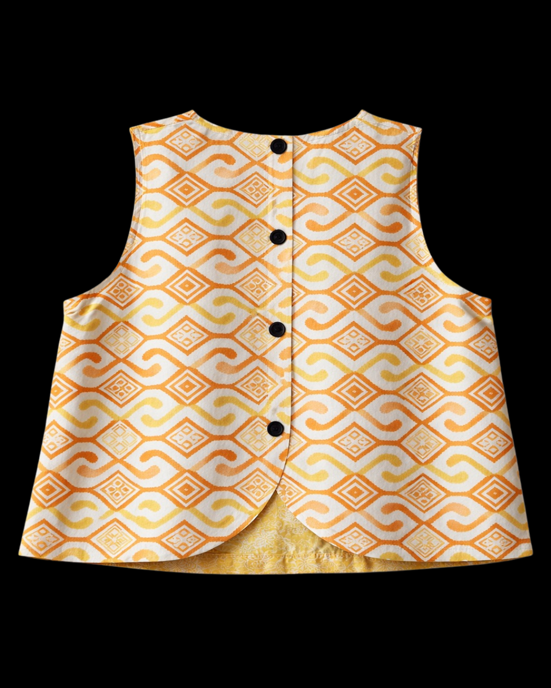 Yellow patterned vest with black buttons on a black background