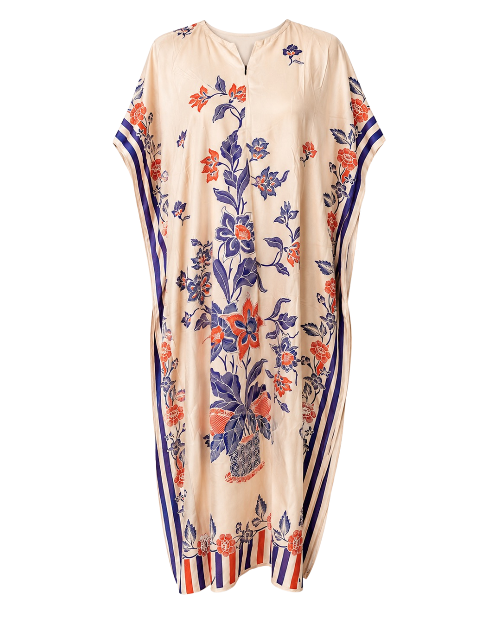 A beige kaftan dress featuring a vibrant floral print in blue and orange, with striped trim at the hem and sleeve cuffs, shown against a plain white background.