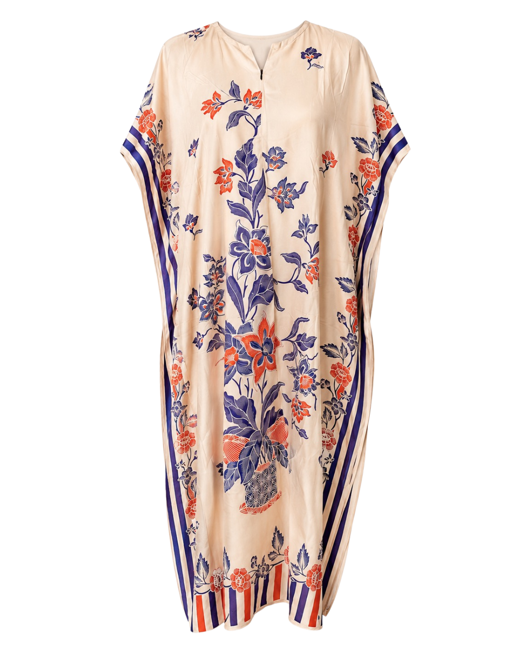 A beige kaftan dress featuring a vibrant floral print in blue and orange, with striped trim at the hem and sleeve cuffs, shown against a plain white background.