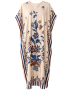 A cream-colored kaftan dress featuring a vibrant blue, brown, and red floral pattern, with striped detailing along the sleeve edges and hem.