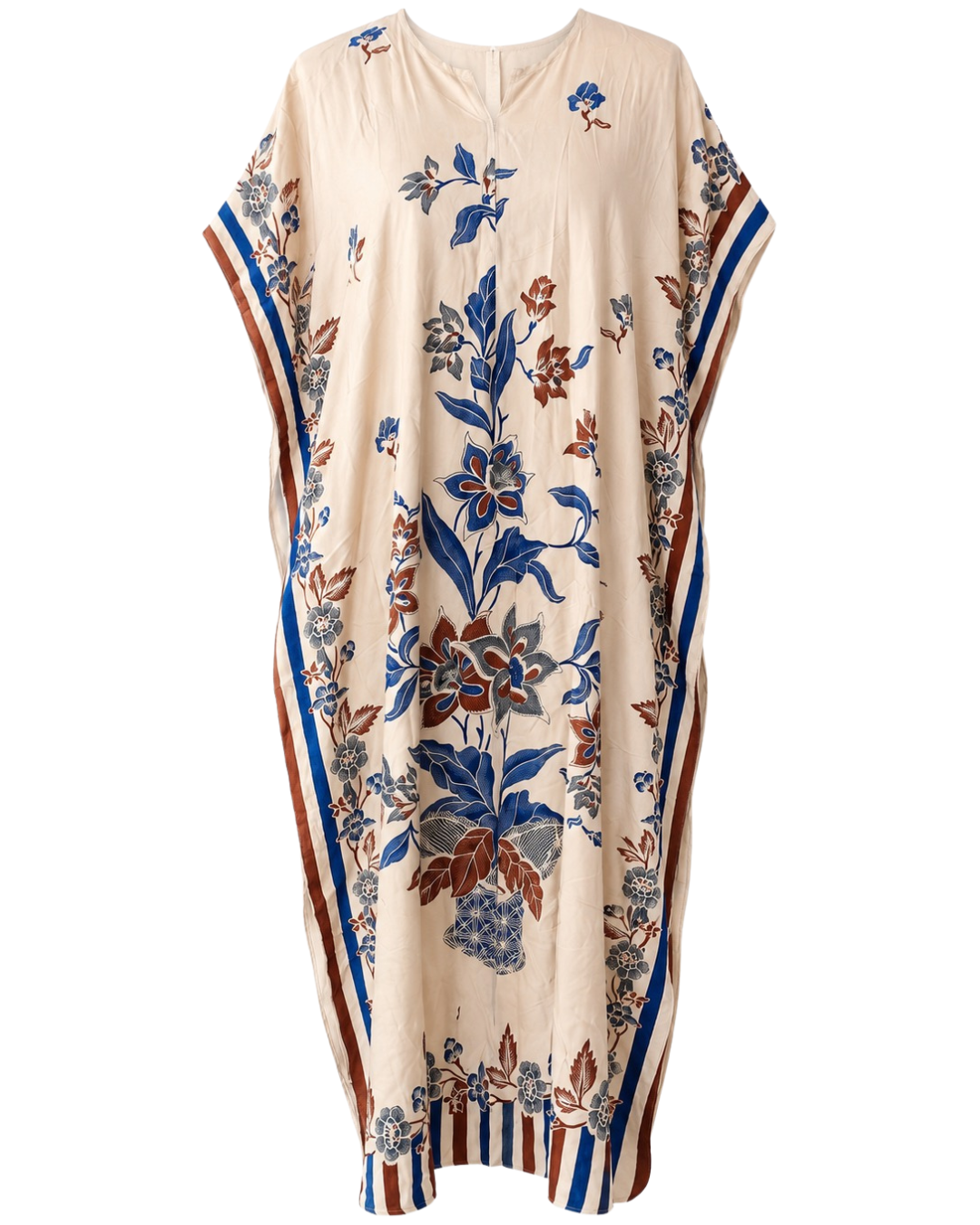 A cream-colored kaftan dress featuring a vibrant blue, brown, and red floral pattern, with striped detailing along the sleeve edges and hem.