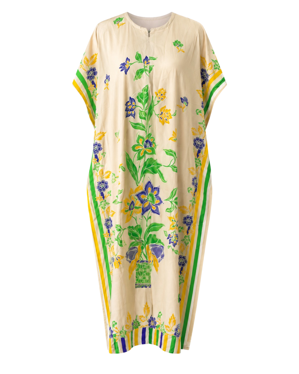 A cream-colored kaftan dress featuring a vibrant floral print with green leaves, yellow and blue flowers, and striped green and yellow side panels, shown against a plain white background.