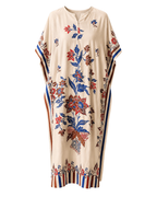 A cream-colored kaftan dress featuring a vibrant blue and red floral print, striped side panels, and a matching patterned hem, shown against a plain white background.